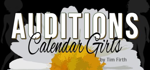 audition announcement for Calendar Girls play, black background with large daisy and soft female silhouettes