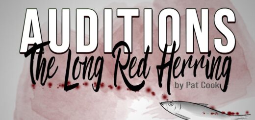 audition announcement graphic for the long red herring by pat cook showing a fish and red smears and drops